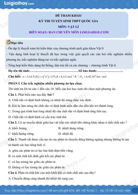Đề tham khảo thi Vật lí THPT (Đề số 5) - có lời giải chi tiết